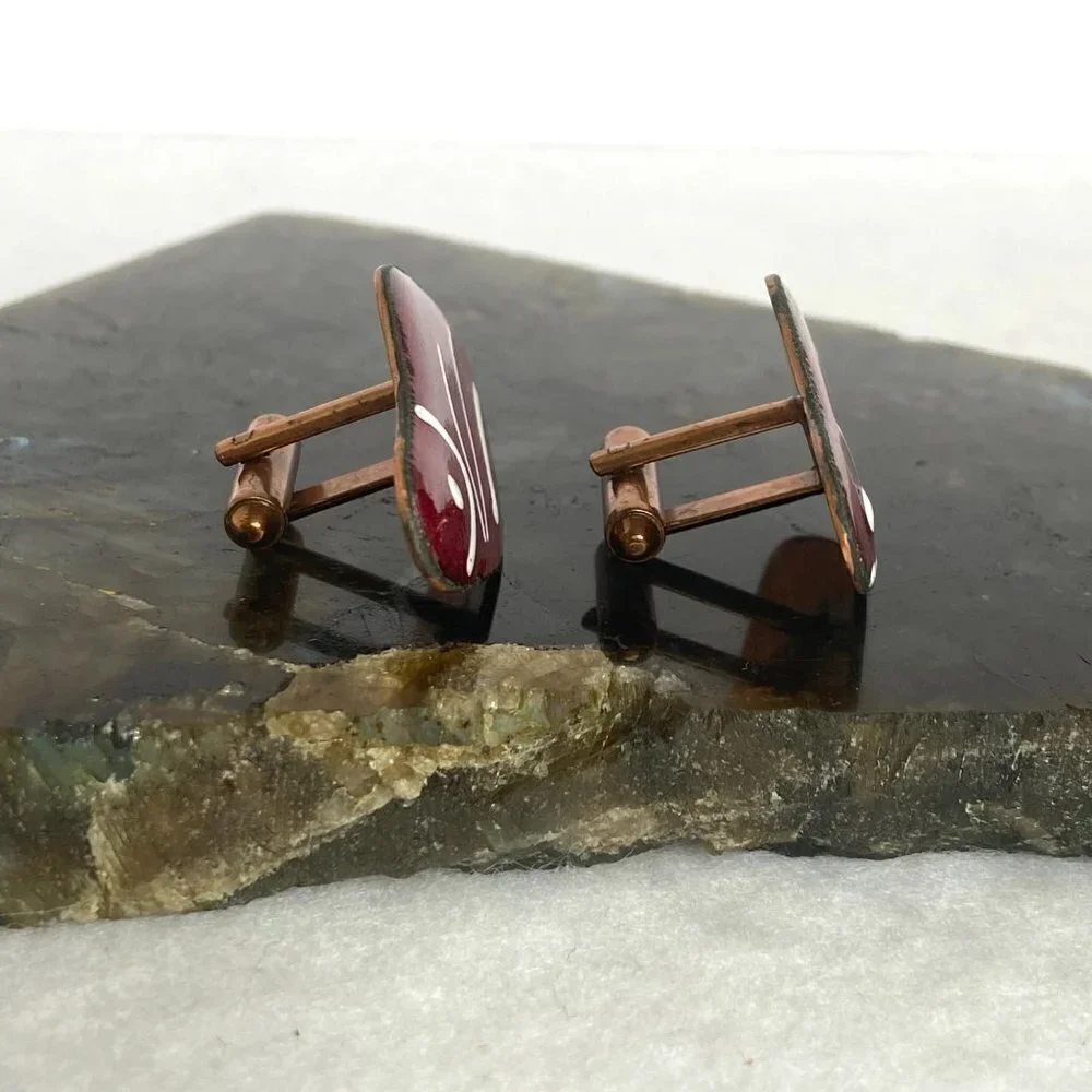 Vintage Modernist Copper Red White Enamel Fish Cuff Links READ DESCRIPTION